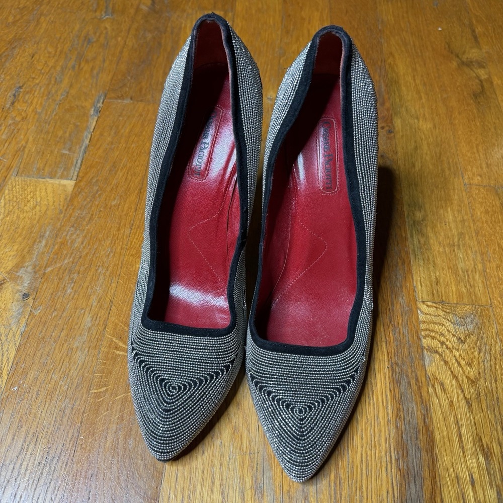 40EU 9US Cesare Paciotti Black Suede Pointed Toe Silver Beaded Dagger Heel Pumps